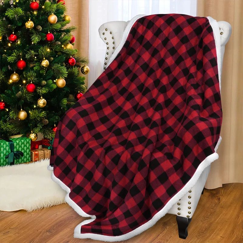 Red and Black Plaid Sherpa Fleece Reversible Throw Blanket