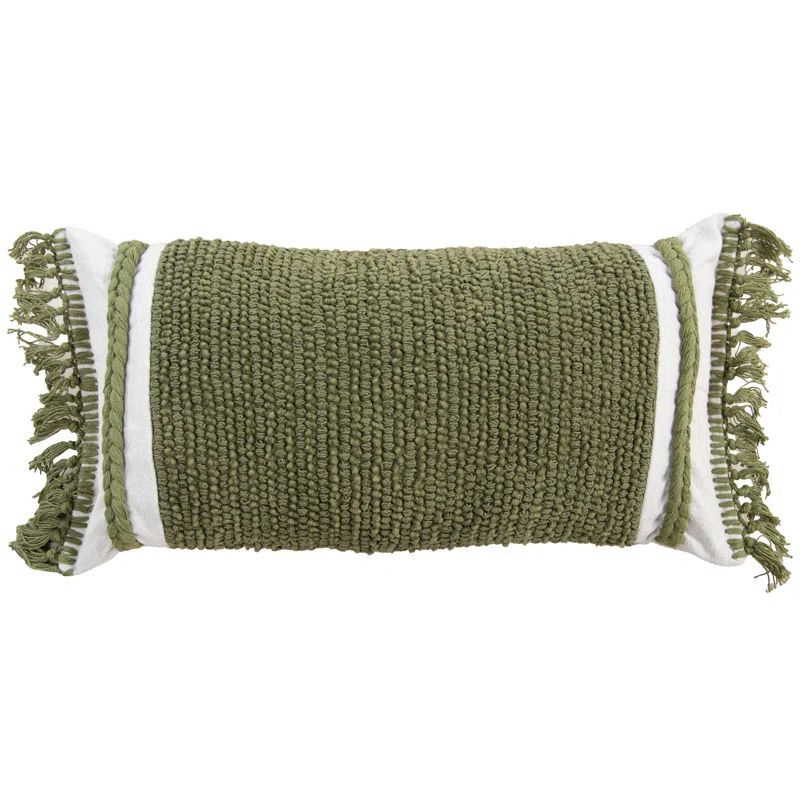 Green and Natural Cotton Rectangular Fringed Throw Pillow