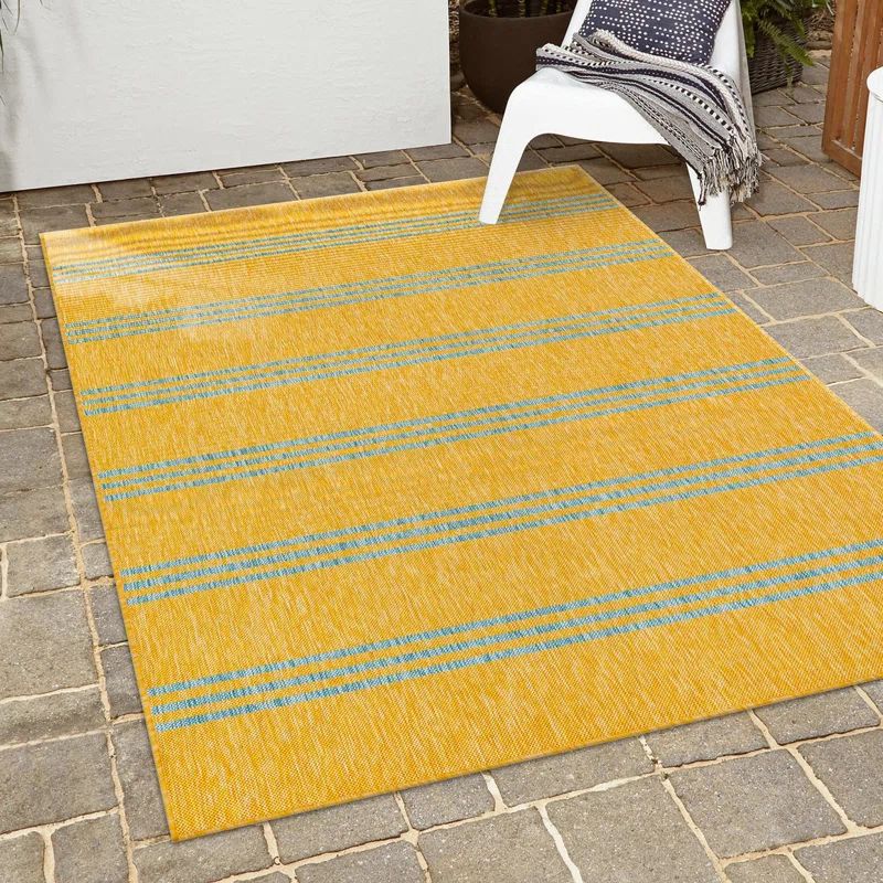 Sunny Aqua Stripes Easy-Care Synthetic Outdoor Rug, 3'3" x 5'3"