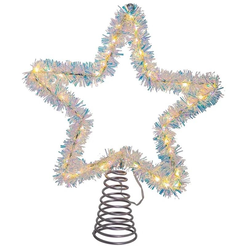 Silver LED Lighted Tinsel Star Tree Topper, 12.2 Inches