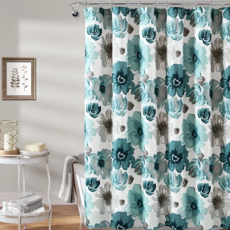 Blue Floral Polyester Fabric Shower Curtain, 72" x 72"