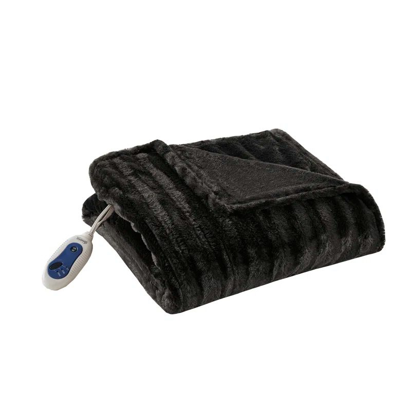 Black Faux Fur Electric Heated Throw Blanket, 50x70"