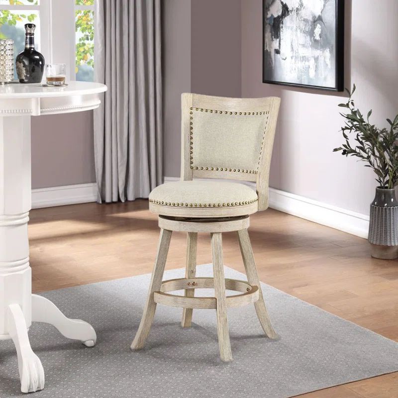 Ivory Linen Upholstered Swivel Counter Stool with Nailhead Trim
