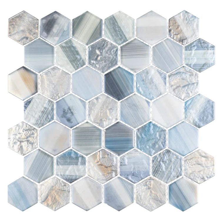 Vexel Hexagon Polished Glass Mosaic Tile Sheet for Bathroom and Outdoor