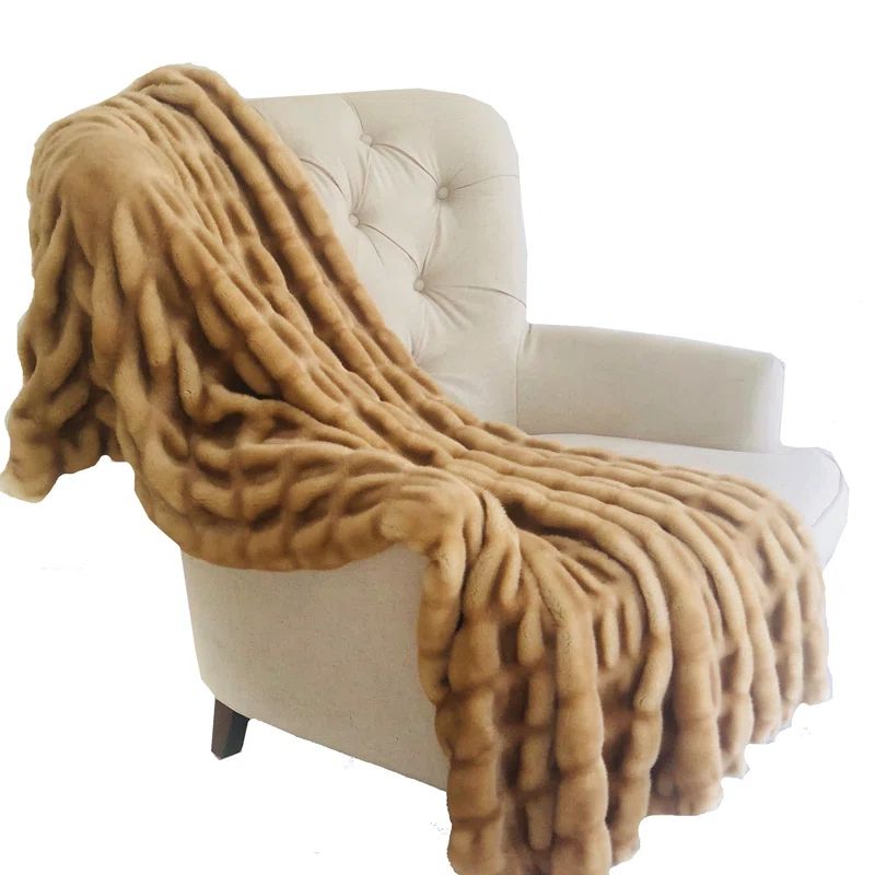 Beige Tissavel Mink Faux Fur Reversible Throw Blanket