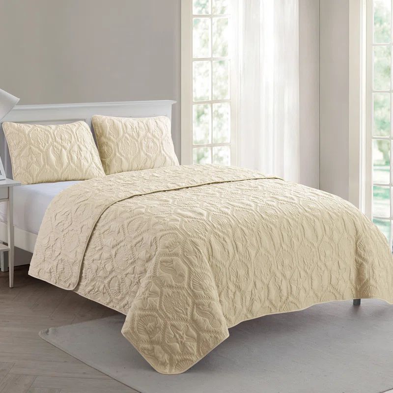 Tan Microfiber Coastal Full Quilt Set with Embossed Sea Life Pattern