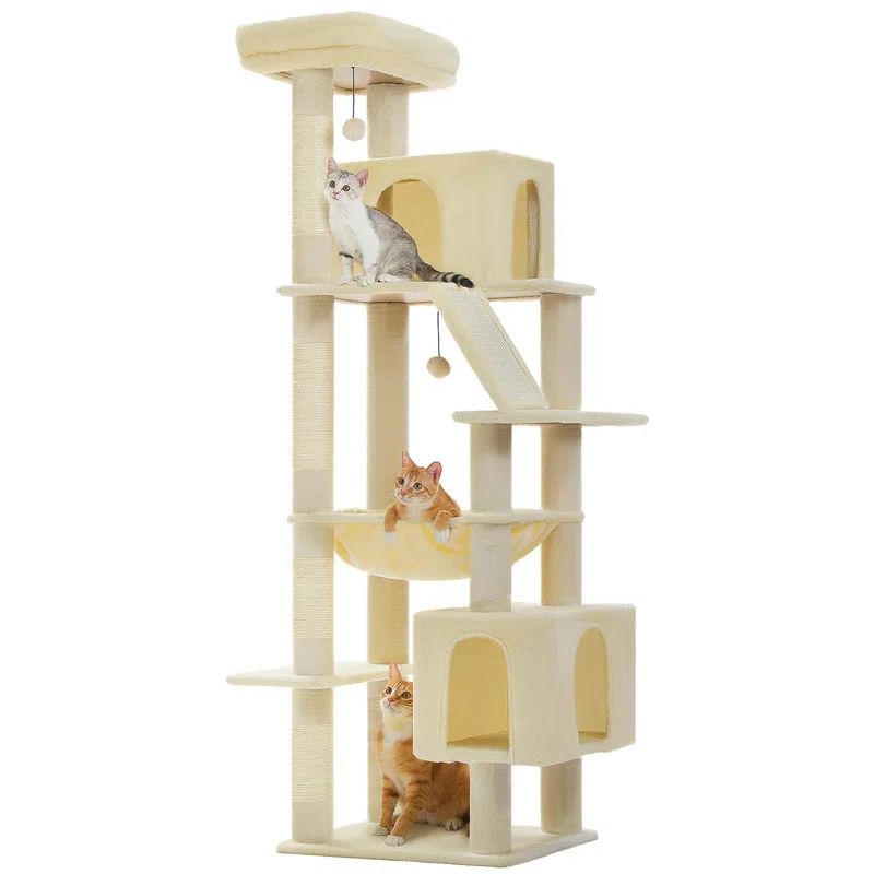 71" Beige Multi-Level Cat Tree with Sisal Posts and Hammock