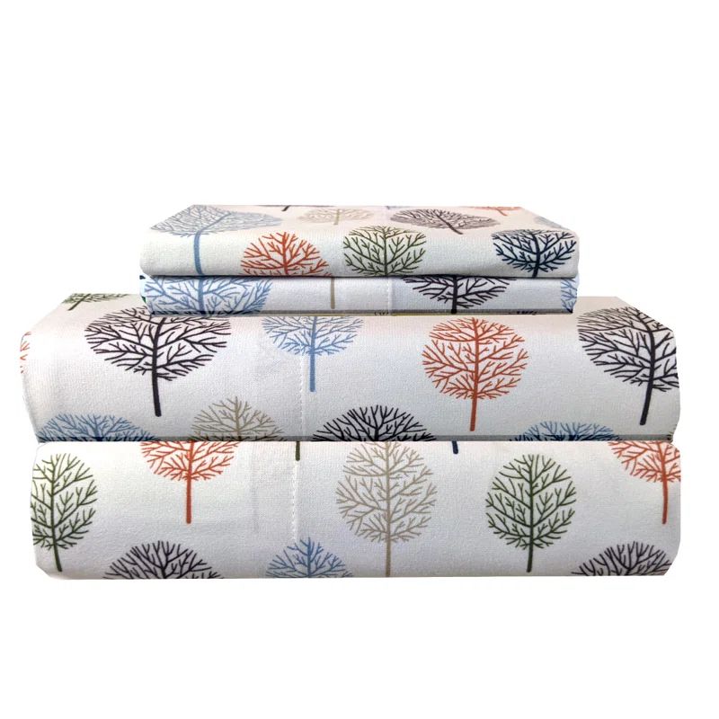 Twin Gray Cotton Polyester Flannel Tree Print Sheet Set