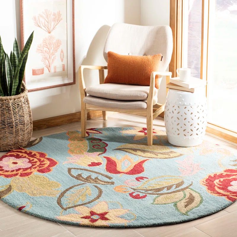 Handmade Blue Floral Tufted Wool Round Rug