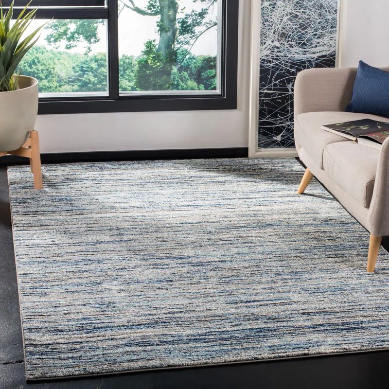 Blue and Gray Hand-Knotted Synthetic Stripe Rug, 4' x 6'