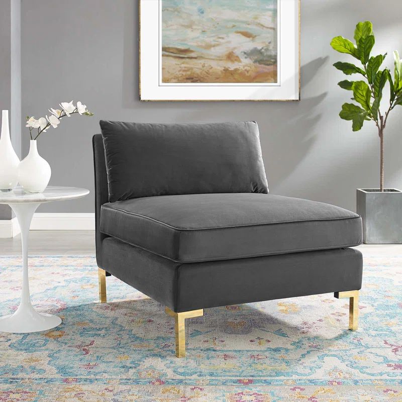 Gray Velvet Armless Chair with Gold Metal Legs