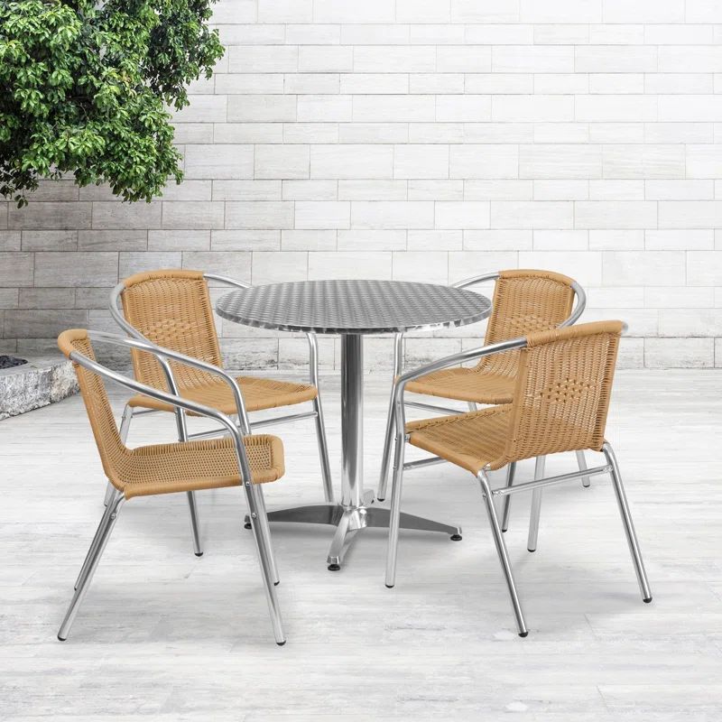 27.5'' Round Silver Stainless Steel Dining Set with Beige Rattan Chairs