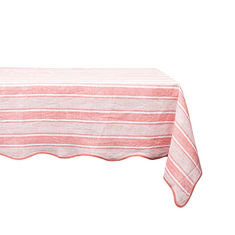 Coral Cabana Stripe Linen Tablecloth with Scalloped Trim