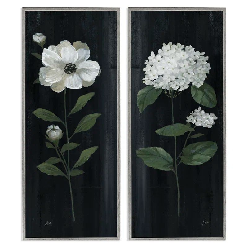 Delicate White Blooms Botanical Canvas Print with Gray Frame