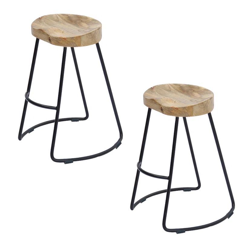 Ela 30-Inch Natural Mango Wood Saddle Seat Barstool with Black Metal Frame