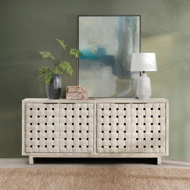 Cream Reclaimed Pine Wood Basket Weave Buffet Sideboard