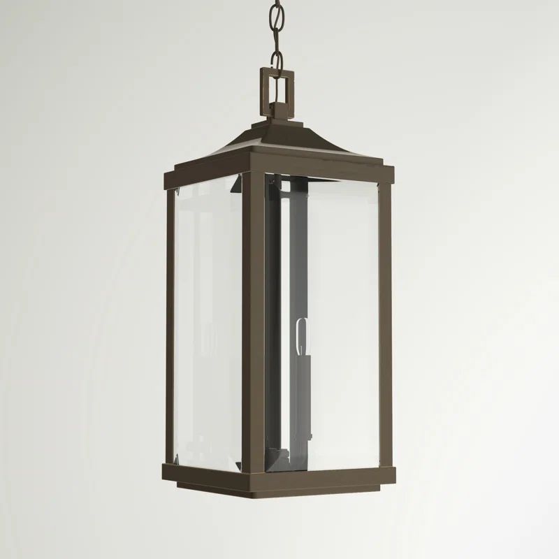 Devereux Antique Bronze 3-Light Outdoor Hanging Lantern with Etched White Pillar Shade