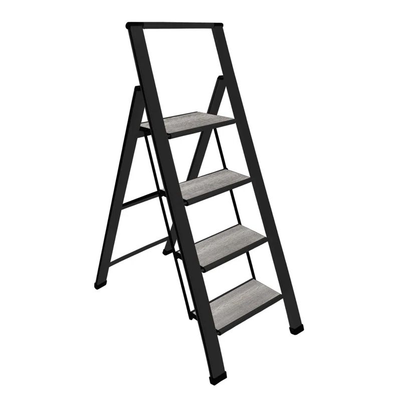 Gray Wood and Black Aluminum 4-Step Folding Ladder