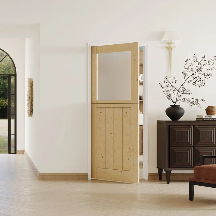 32 in. x 80 in. Natural Pine Interior Dutch Door with Frosted Glass