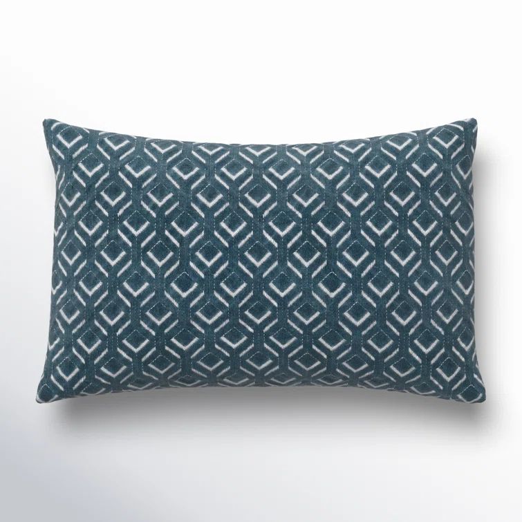 Blue Embroidered Cotton Lumbar Throw Pillow with Down Fill