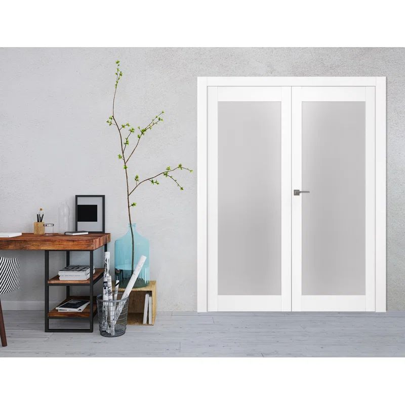 Bianco Noble Frosted Glass Pine Wood Double Prehung French Door