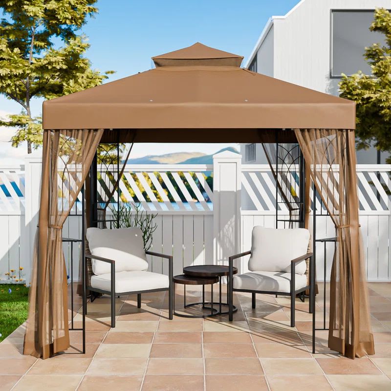 Brown Metal 8x8 Outdoor Patio Gazebo with Mesh Netting and Corner Shelves