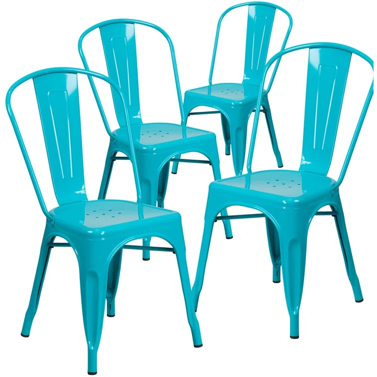 Crystal Blue Metal Indoor-Outdoor Stackable Armless Dining Chairs, Set of 4