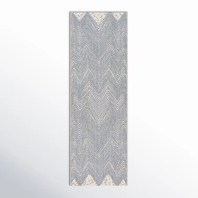 Reversible Square Blue Chevron Waves Synthetic Patio Rug - 6'