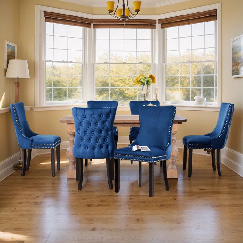 Blue Velvet Upholstered Dining Chairs with Nailhead Trim, Set of 6