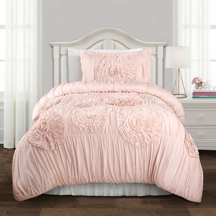 Twin Pink Blush Microfiber Comforter Set with Floral Ruffles