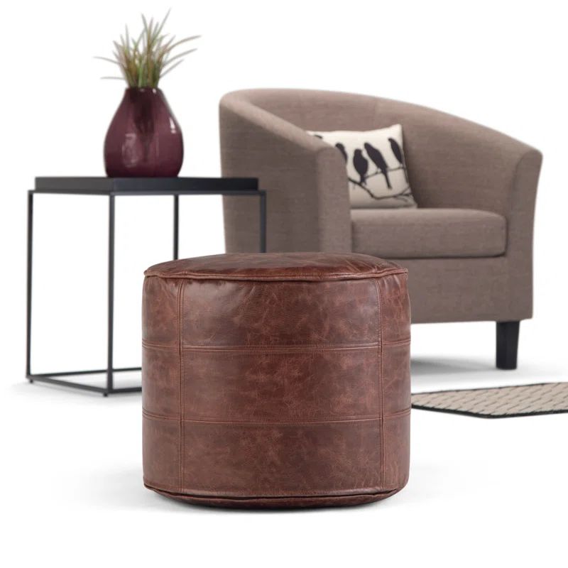 Connor Round Distressed Brown Leather Pouf