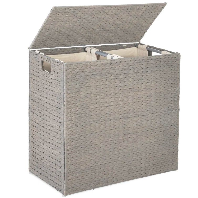 Large Gray Handwoven Water Hyacinth Double Laundry Hamper with Lid