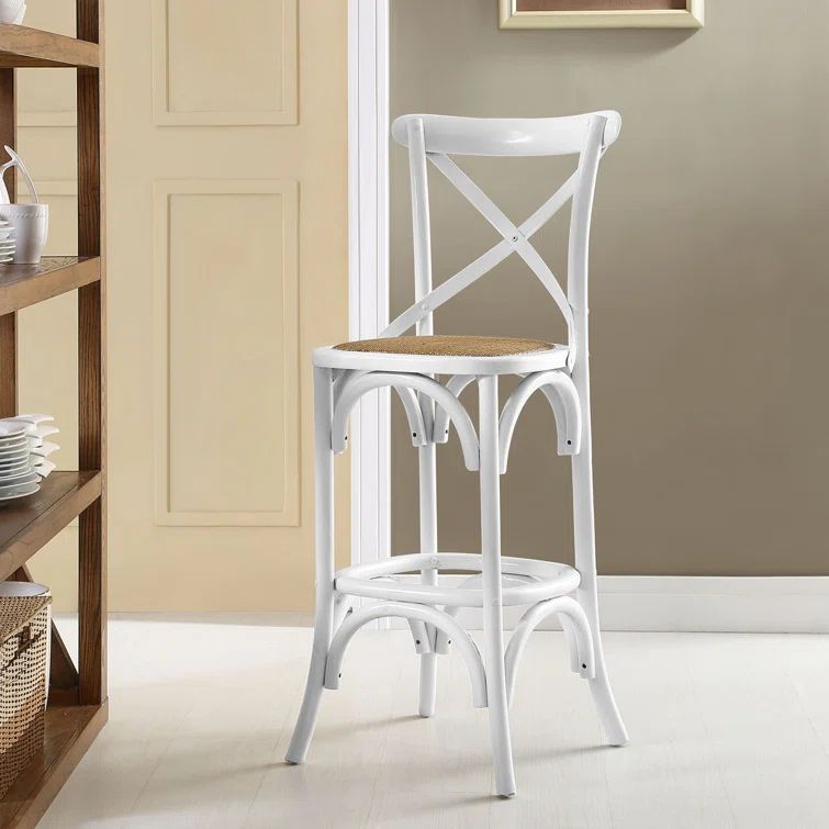 Larghetto Elm Wood and Rattan Country Charm Barstool, Gray