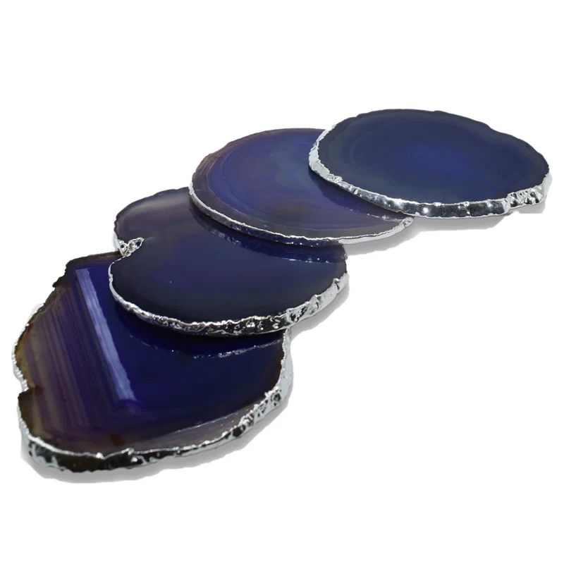 Set of 4 Purple Agate Stone Coasters with Gold Edge