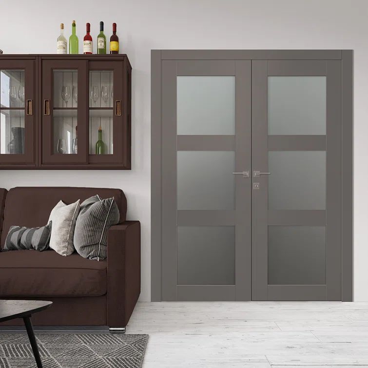 Gray Frosted Glass Composite Double Interior Door with Satin Nickel Hinges