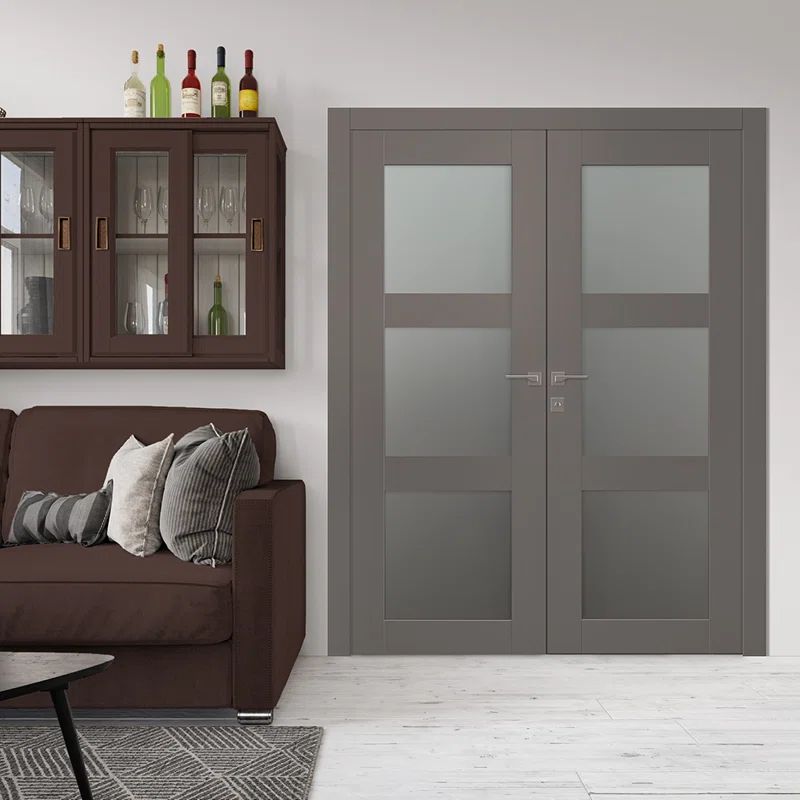 Gray Composite Double French Doors with Frosted Glass Panels