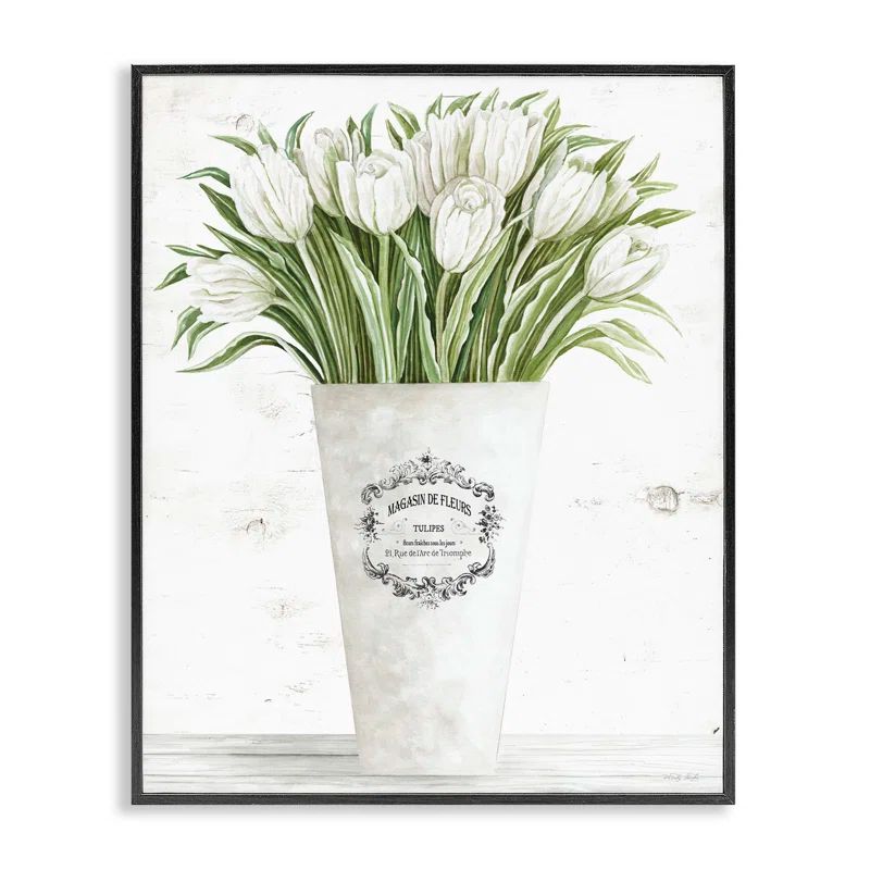 White Tulip Bouquet in Black Frame Canvas Wall Art
