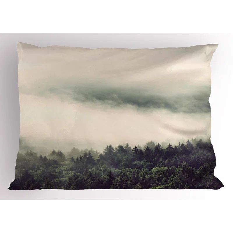 Evergreen Trees and Mountain Slopes Dark Green Microfiber Pillow Sham Set