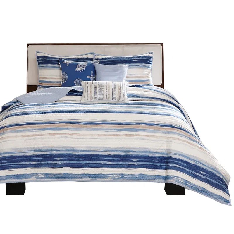 King Blue Reversible Microfiber Quilt Set with Decorative Pillows