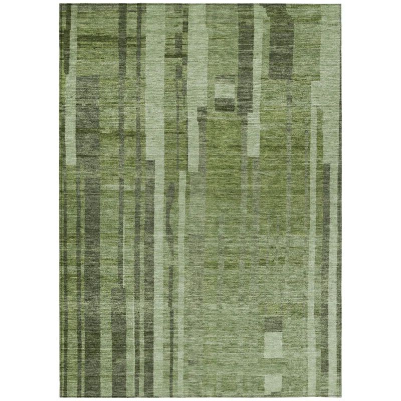 Green and White Striped Synthetic 10' x 14' Washable Rug