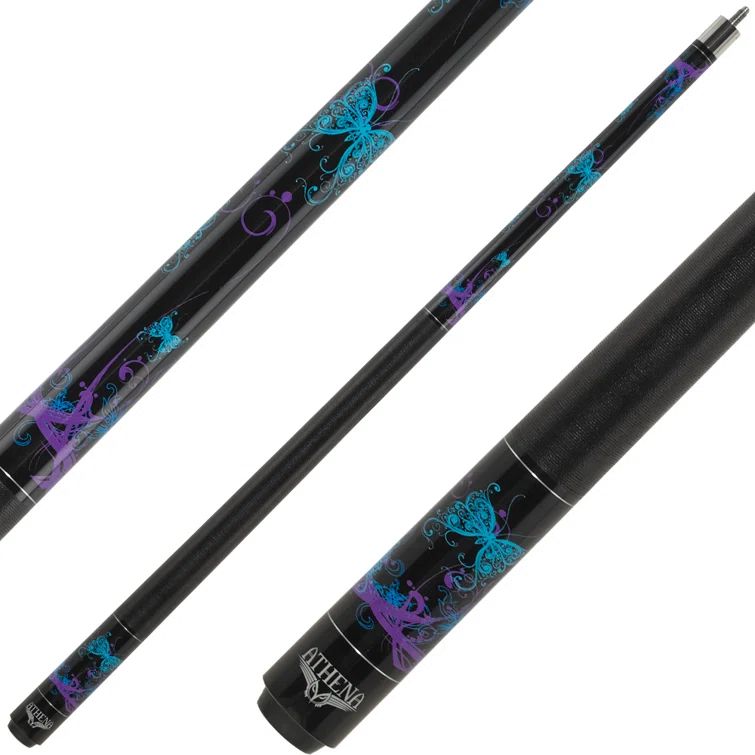 Athena 19oz Black Maple Pool Cue with Teal and Purple Butterflies