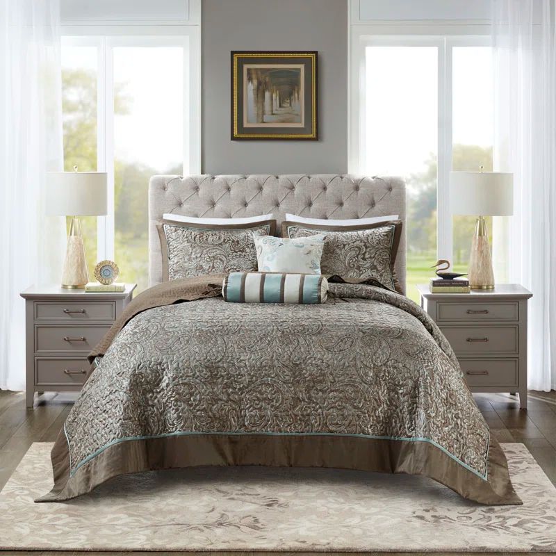 Aubrey Blue and Taupe Reversible Queen Bedspread Set