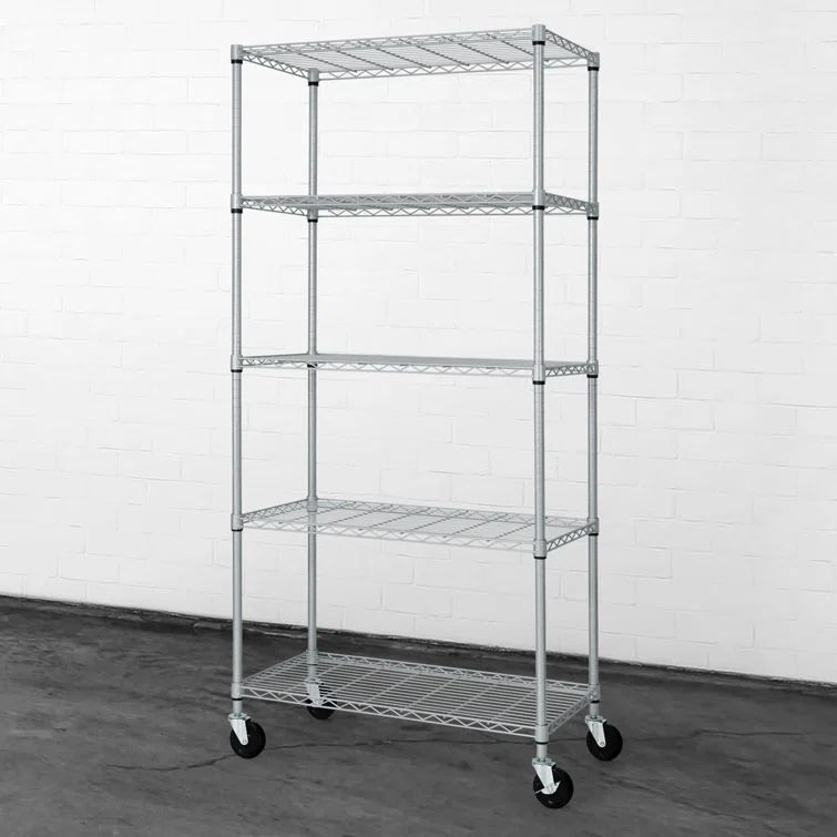 Heavy Duty Silver Grey 5-Tier Metal Shelving Unit with Wheels