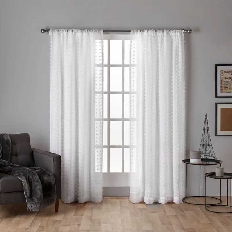 Winter White Woven Pouf Applique Sheer Curtain Panel Pair