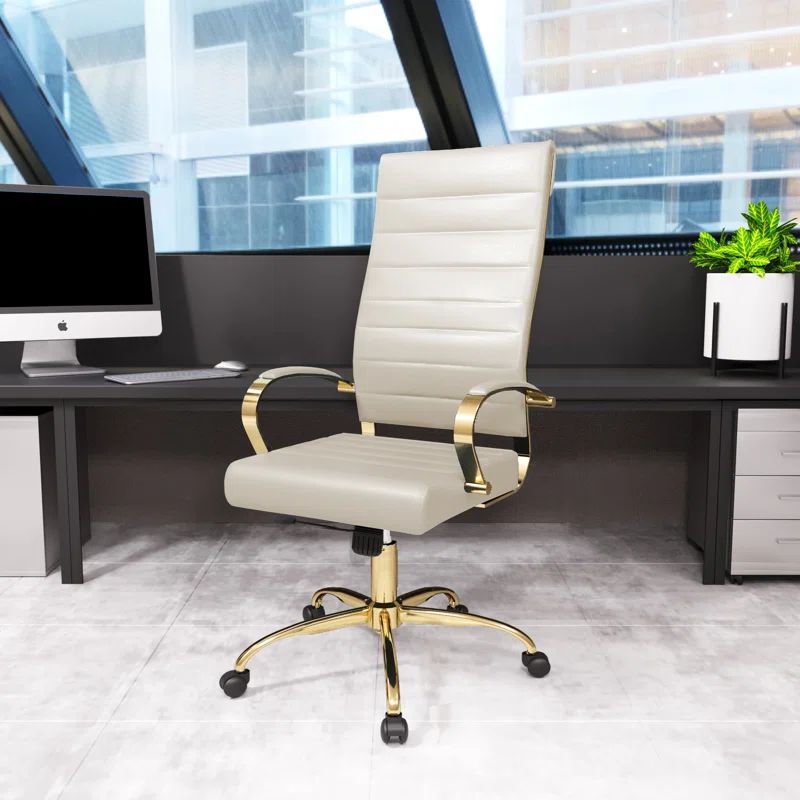 Tan High-Back Swivel Leather Office Chair with Gold Metal Frame