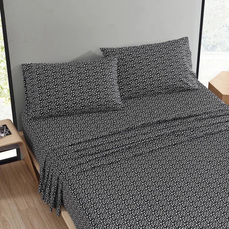 Queen Black Floral Cotton Percale Sheet Set