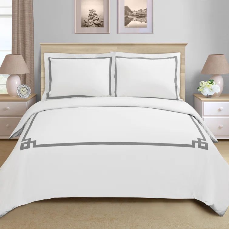 King/California King White Cotton Duvet Cover Set with Gray Embroidery