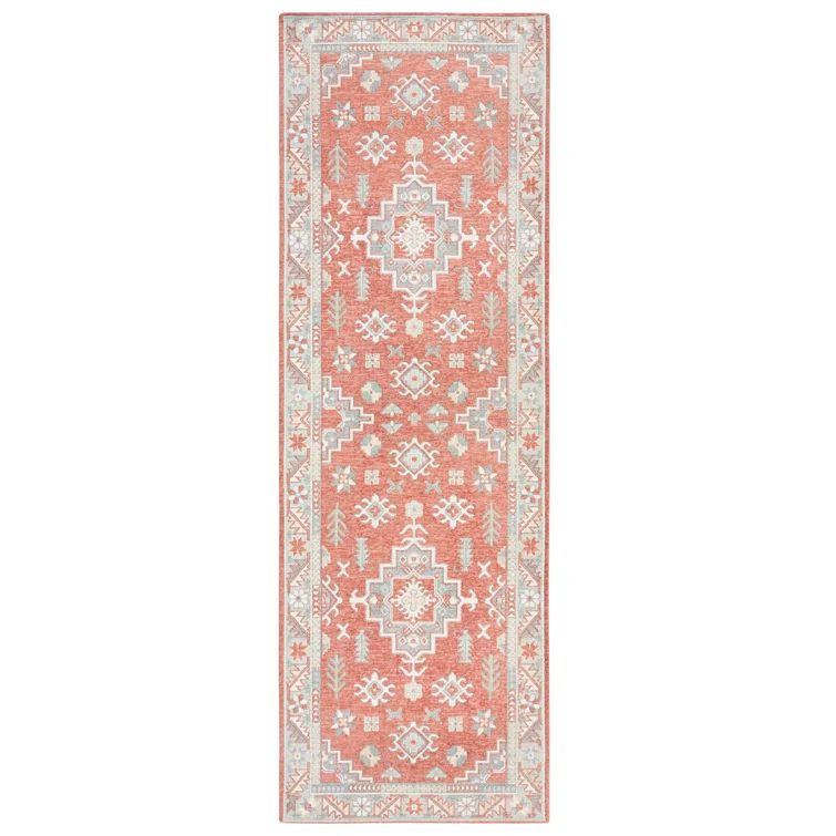 Coral and Grey Cotton Polyester Washable Decorative Runner Rug, 24" x 72"