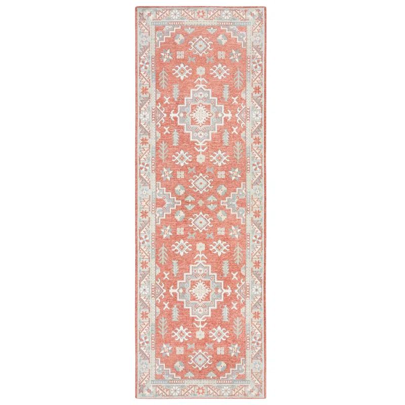 Coral and Grey Cotton Polyester Washable Decorative Runner Rug, 24" x 72"