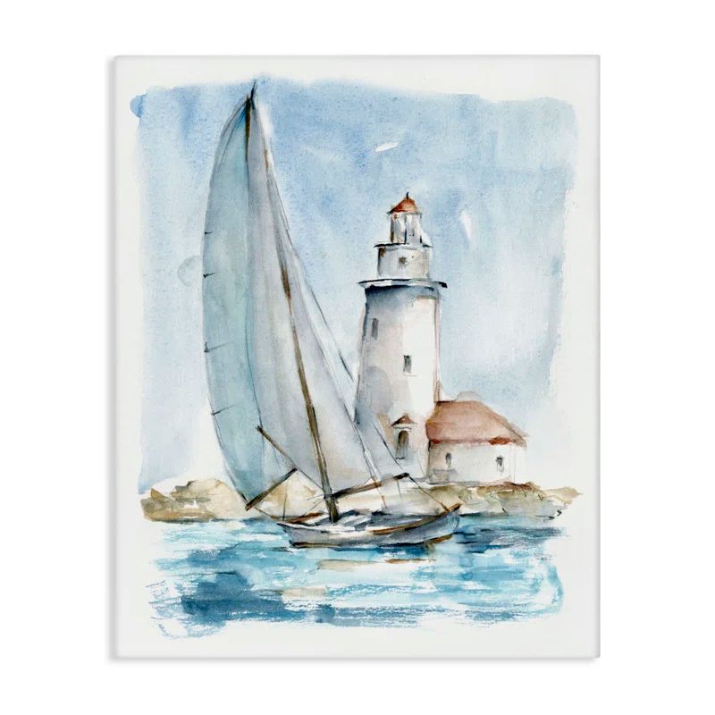 Nautical Sailboat and Lighthouse Blue and White Canvas Wall Art